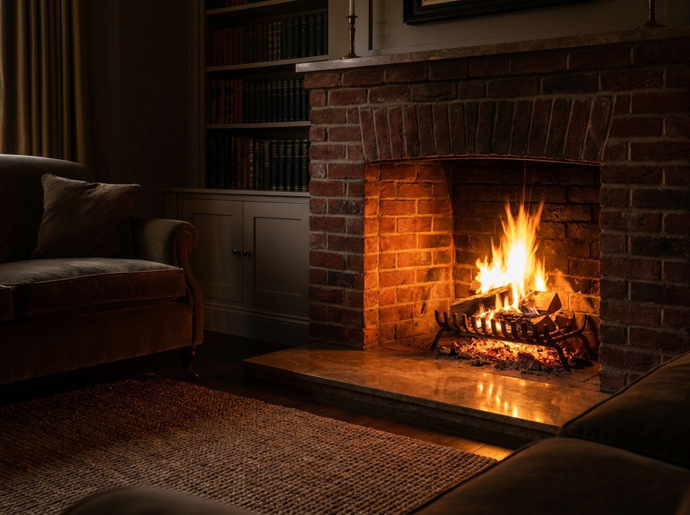 Fire burning in a clean brick fireplace